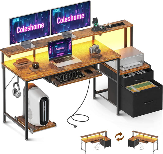 Colsehome Bureau met Laden, 140x48cm Omkeerbaar Computer Bureau met Stopcontact & USB, Gaming Tafel LED Licht, Toetsenbordlade & Monitorstandaard voor Kantoor, Slaapkamer, Bruin