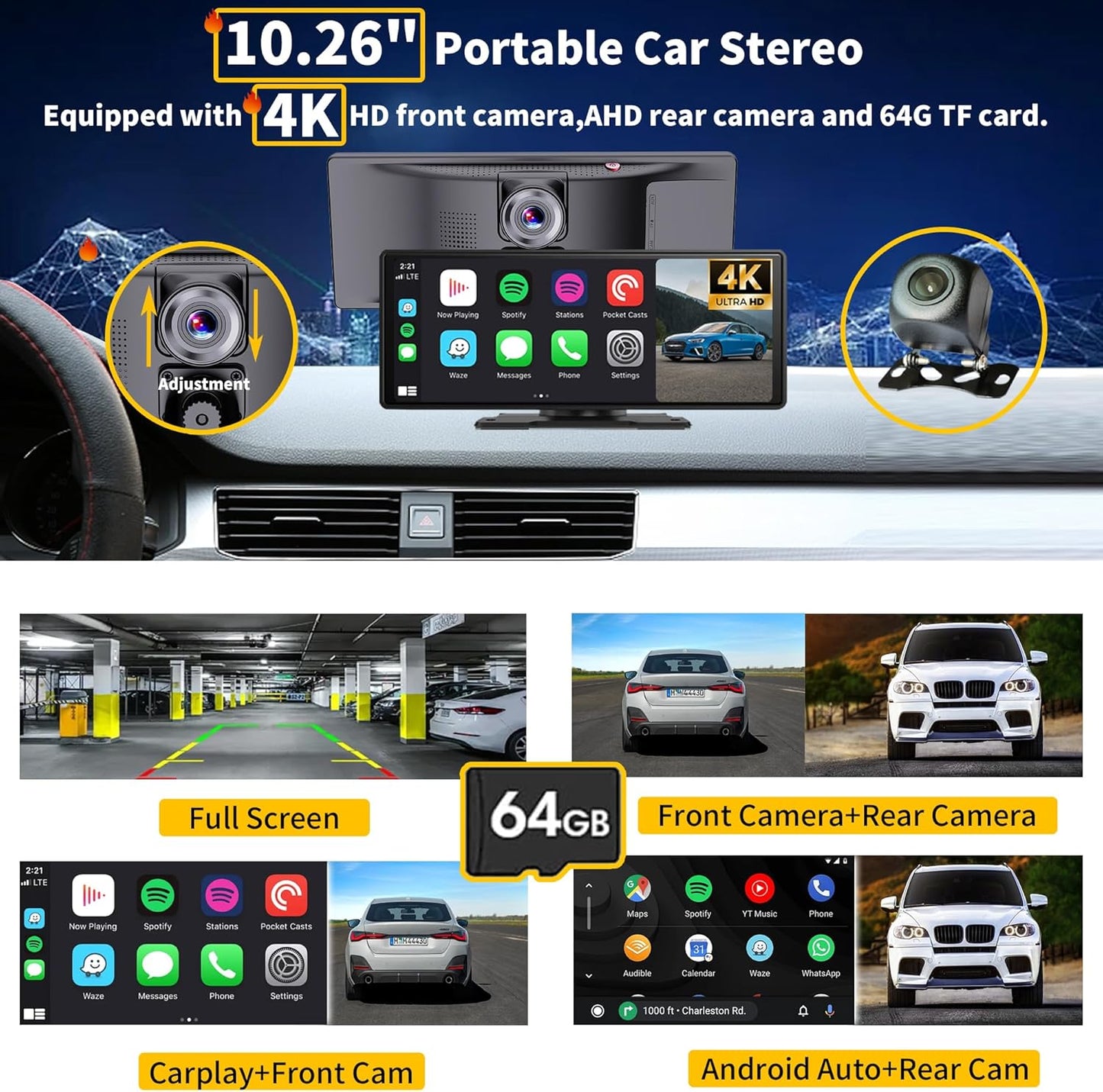 SCUMAXCON Draagbare Auto Stereo Draadloze CarPlay Android Auto 4 K Dash Cam met Backup Cam Airplay 10.3 inch IPS Touchscreen Loop Opname GPS Navigatie Bluetooth FM AUX Ingebouwde Speaker Android Cast