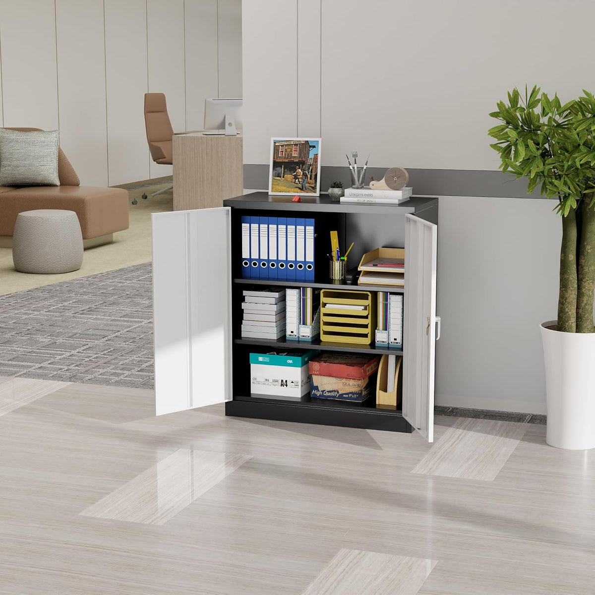 90 cm H Archiefkast, metalen kast met 2 in hoogte verstelbare legplanken, plaatstaal met poedercoating, stalen kast voor gereedschap, garage (zwart/wit)