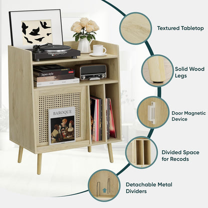 Draaitafel Tafel Groot – Platenspeler Meubel – Platenkast – Vinyl Opbergkast – Platenrek – Rotan Kastdeuren Met Verborgen Vinyl Opbergruimte – Massief Houten Poten