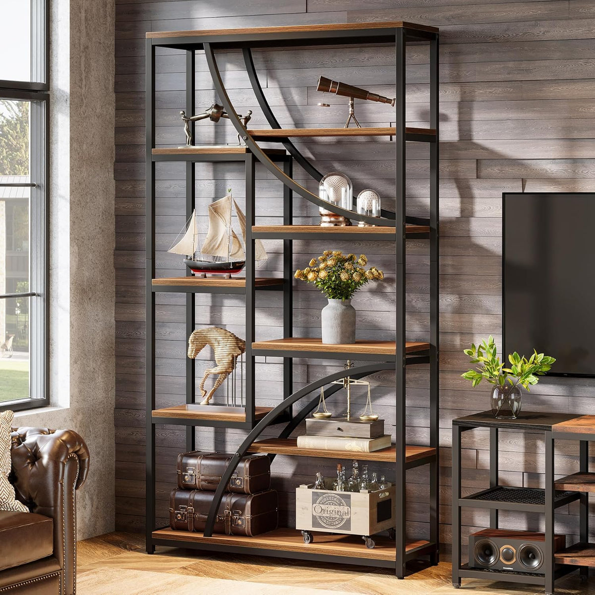 Tribesigns Bookcase, 180 cm, 9 Tier Shelf, Large Geometric Bookcase with Open Compartments, Free Standing Wood and Metal Shelf for Living Room, Industrial Design, Brown and Black