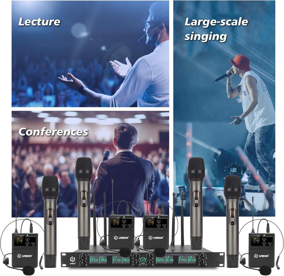 Draadloos Microfoonsysteem – Draadloze Microfoonset – UHF Microfoonset – Microfoonset Voor Podium – Microfoonset Voor Karaoke – 8-Kanaals Met 4 Handmicrofoons En 4 Bodypacks – 24-Bit/96 kHz Audio En <5 ms Vertraging