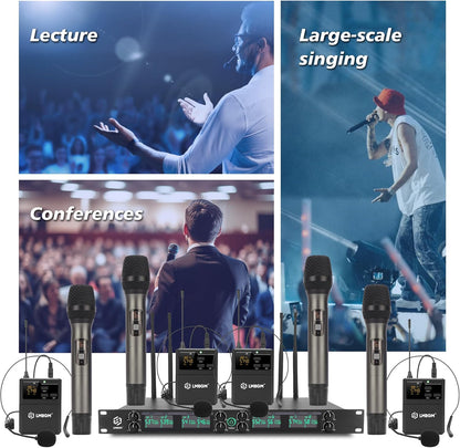 Draadloos Microfoonsysteem – Draadloze Microfoonset – UHF Microfoonset – Microfoonset Voor Podium – Microfoonset Voor Karaoke – 8-Kanaals Met 4 Handmicrofoons En 4 Bodypacks – 24-Bit/96 kHz Audio En <5 ms Vertraging