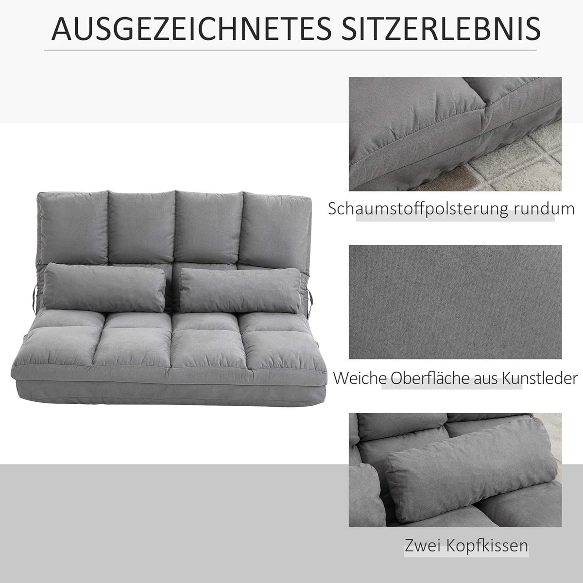 HOMCOM floor chair 2-in-1 floor chair bed with backrest 7 positions adjustable seat cushions light grey velvet steel 102 x 73 x 60 cm - QUORE