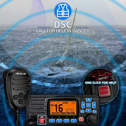 Retevis RA27 Marine Transceiver, IPX7 Waterproof, Class D DSC, GPS, 88 Channels VHF, Dual/Tri-watch, Geschikt voor International, Professional Marine Transceiver (1 stuk, zwart)