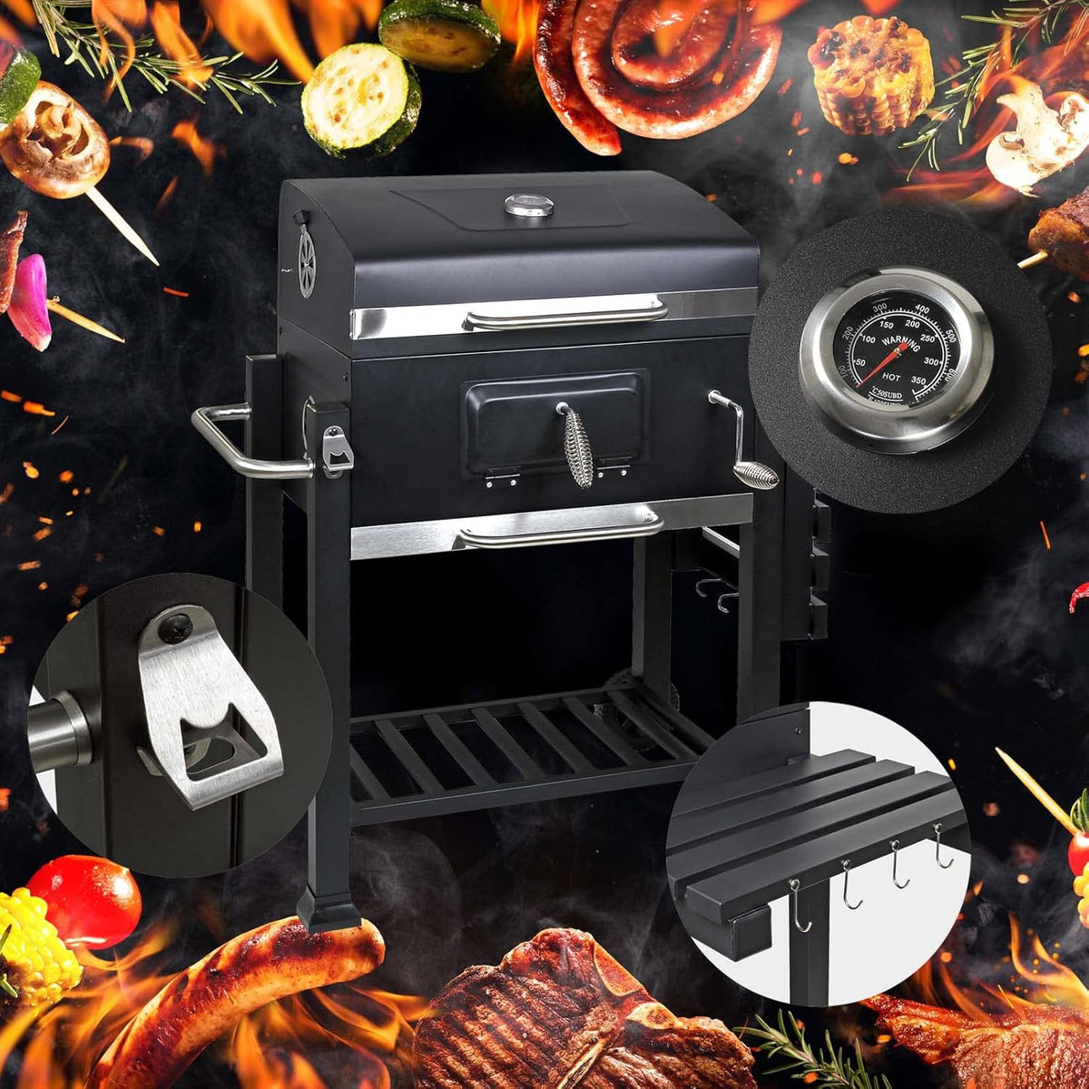 Wiltec barbecue trolley met deksel, houtskool BBQ met legplank en brandklep, grillwagen op wielen met hoogteverstelling inclusief thermometer