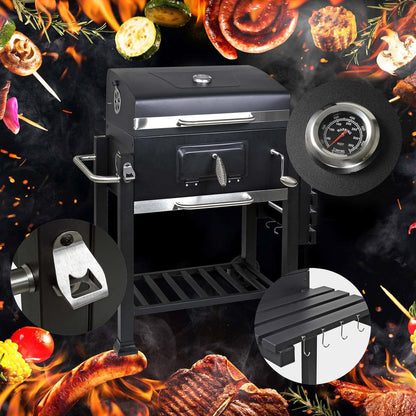 Wiltec barbecue trolley met deksel, houtskool BBQ met legplank en brandklep, grillwagen op wielen met hoogteverstelling inclusief thermometer