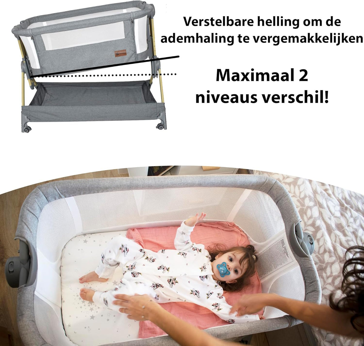 Comfortly 2-in-1 babybed en Mosesmand met wieltjes, inklapbaar, zonder montage, in hoogte verstelbaar en anti-terugstroomfunctie, incl. matras, laken van katoen en tas (grijs)