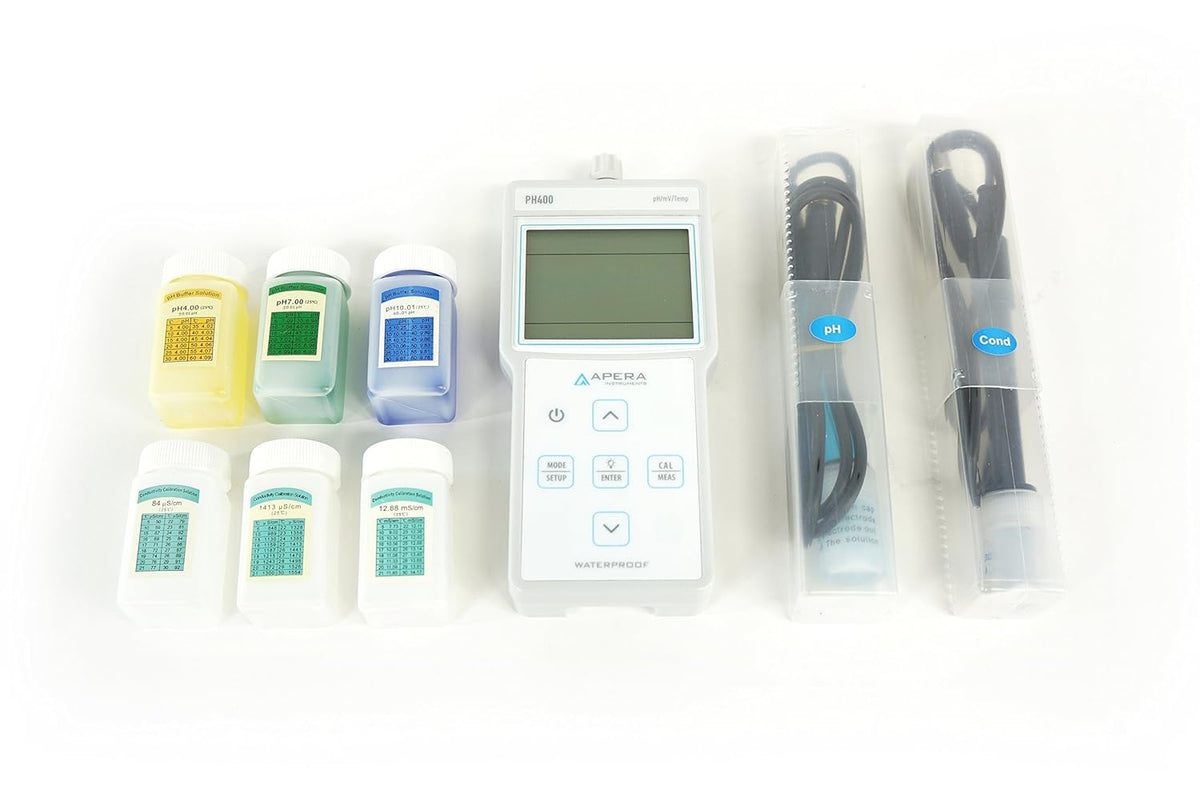 Apera Instruments AI413 PC400 draagbare multiparameterset (pH/EC/TDS/Temp.), 6 flessen kalibratieoplossingen inbegrepen, 3,3 cm hoog, 8,6 cm breed, 17,8 cm lang.