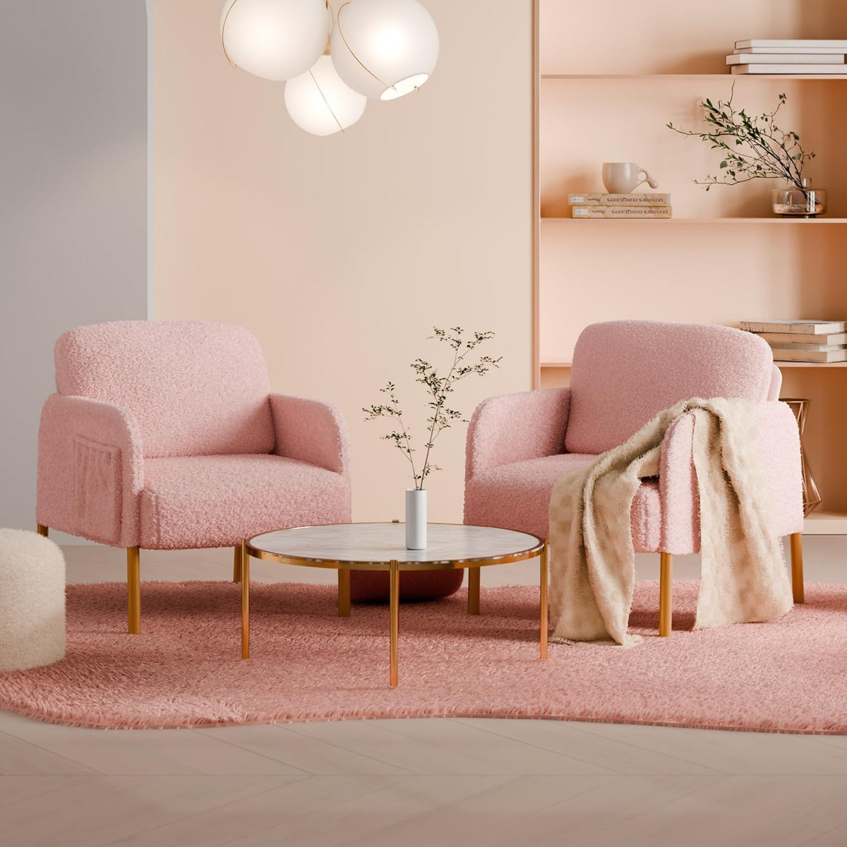 Mondeer Armchair Accent Chair with Storage Bag and Metal Legs, Soft Imitation Lambswool Fabric for Living Room, Bedroom, Reading Reception, Lounge, 63 x 75 x 75 cm, Pink