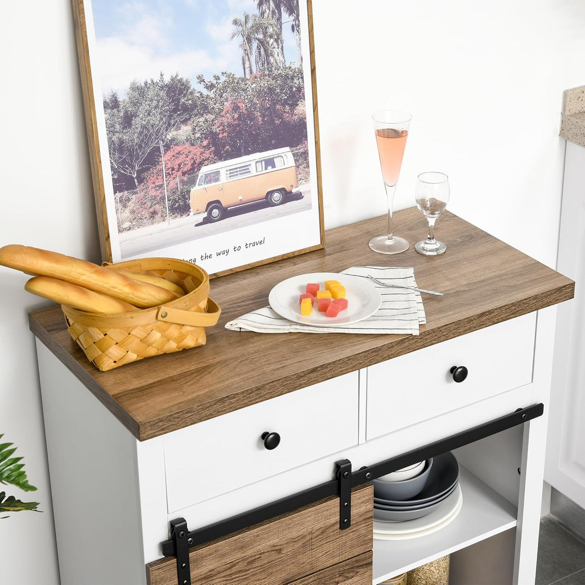 HOMCOM kitchen cabinet sideboard with 2 drawers wine racks sliding door sideboard adjustable shelves storage cabinet rustic white 80 x 39 x 86cm - QUORE