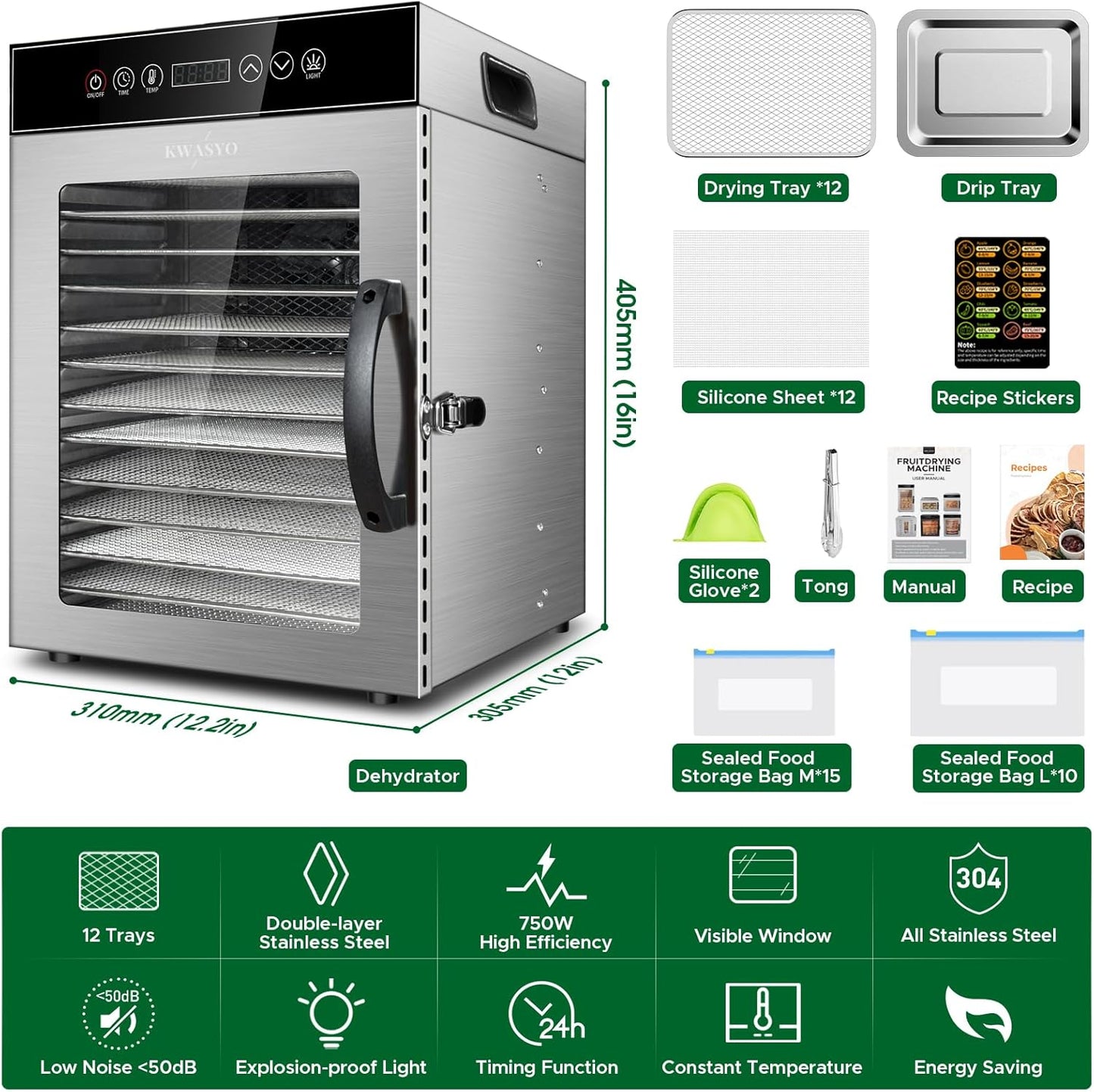 Kwasyo Voedseldehydrator 12 trays, 750W roestvrijstalen dehydrator, voedseldroger UK met digitale timer en temperatuurregeling, oververhittingsbeveiliging, receptenboek inbegrepen