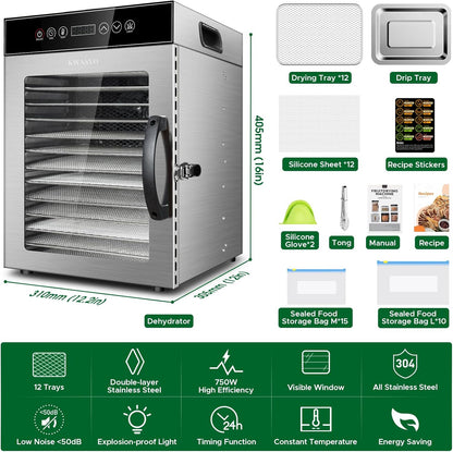Kwasyo Voedseldehydrator 12 trays, 750W roestvrijstalen dehydrator, voedseldroger UK met digitale timer en temperatuurregeling, oververhittingsbeveiliging, receptenboek inbegrepen
