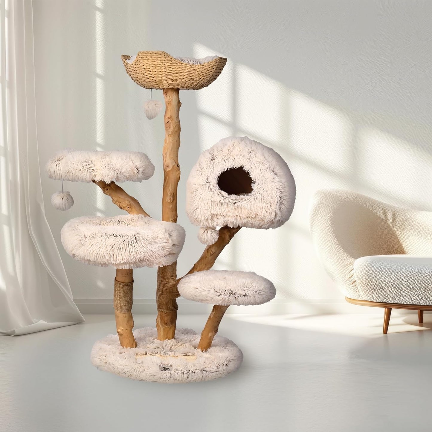 Krabpaal – Kattenboom – Klimpaal – Kattenmeubel – Krabmeubel – Medium Groot 128 cm Hoog – Stevige Sisal Basis Beige