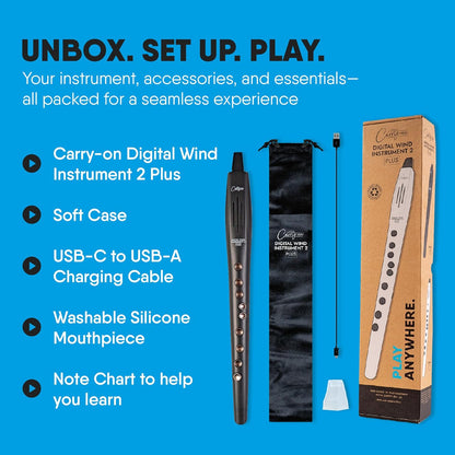 Carry-on Digitaal blaasinstrument 2 Plus- 20 stemmen, ingebouwde USB oplaadbare batterij, hoofdtelefoonuitgang voor stille oefening, Midi over Bluetooth digitale recorder, zwart