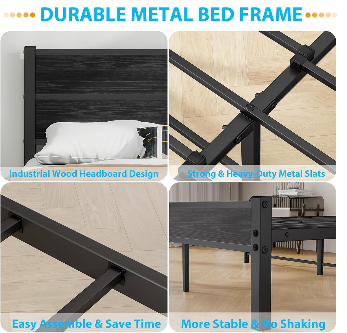 DUMEE Eenpersoonsbedframe met houten hoofdeinde en voetenplank, opbergruimte onder bed, zwart