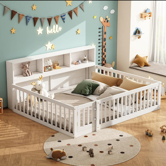 Children's Bed with Slatted Frame, Fall Protection, Rack and Fence, Youth Bed, Storage Room, Wooden Bed, Pine (White, 140 x 200 cm) - QUORE