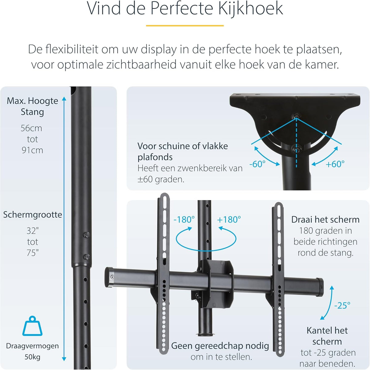 StarTech.com Verstelbare VESA plafondmontage voor schermen van 94 tot 190 cm (37 tot 75 inch), korte mast, zwart