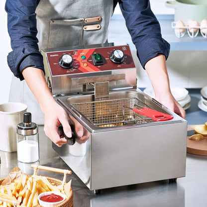 EGGKITPO Elektrische friteuse enkele tank friteuse met mandcapaciteit 10 l (10,5 QT) elektrische friteuses met 60 minuten timer voor thuis, keuken en restaurant, 1800 watt, 120 V