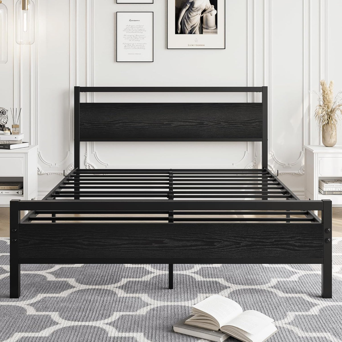 HOJINLINERO 4ft6 dubbele bedframes met houten hoofdeinde, metalen platform bedframe, dubbele bedbodem, geen boxspring nodig, matrasstichting, industriële verbeterde stalen latten ondersteuning voor