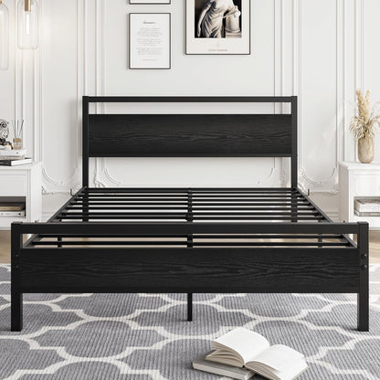 HOJINLINERO 4ft6 dubbele bedframes met houten hoofdeinde, metalen platform bedframe, dubbele bedbodem, geen boxspring nodig, matrasstichting, industriële verbeterde stalen latten ondersteuning voor