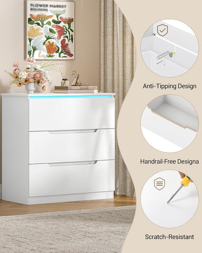 Hzuaneri Chest of Drawers, Side cabinet with LED light strip, Modern style, Suitable for living room and bedroom, 40 x 70 x 80 cm, White DC01303XEU