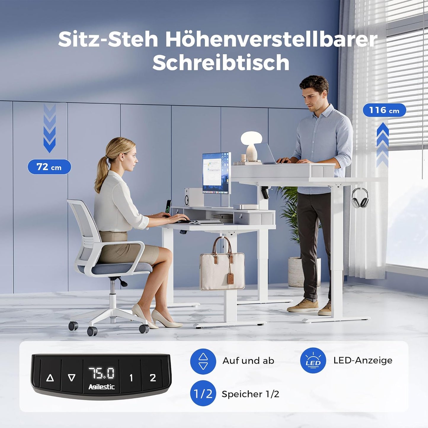 Agilestic In hoogte verstelbaar bureau met twee laden, 160 x 60 cm, elektrische computertafel met geheugenfunctie, kantoor- en thuisbureau, wit