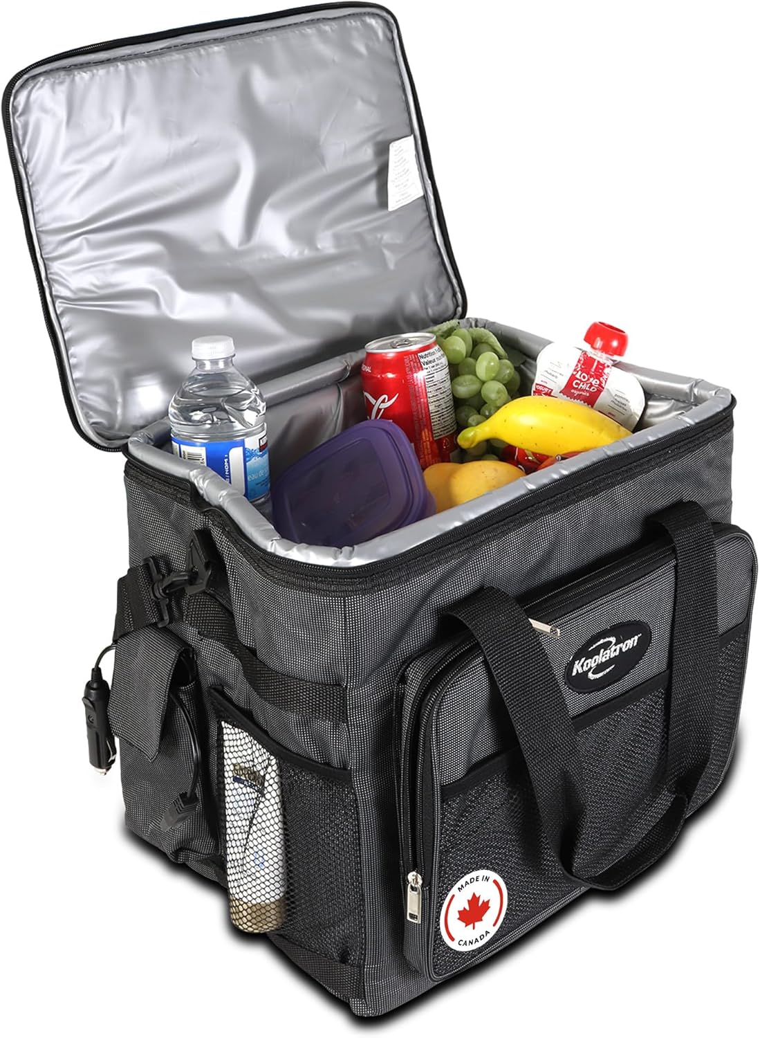 Koolatron Elektrische draagbare koeler plug in 12V auto koeltas, 26 qt (25 L) zwart/grijs zachte zijden draagbare auto koelkast w/DC netsnoer, verstelbare schouderriem, snoer opslag, road trip