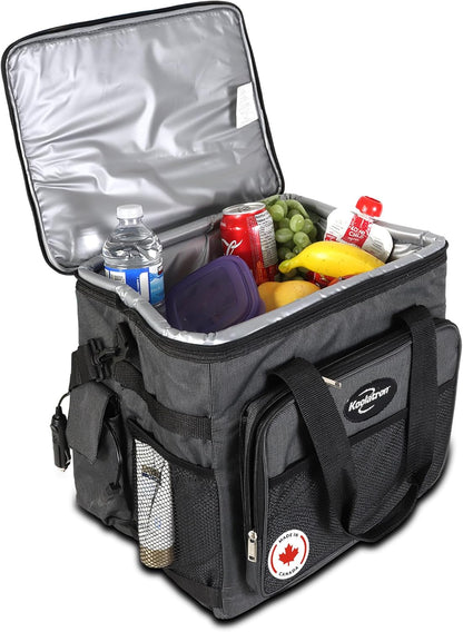 Koolatron Elektrische draagbare koeler plug in 12V auto koeltas, 26 qt (25 L) zwart/grijs zachte zijden draagbare auto koelkast w/DC netsnoer, verstelbare schouderriem, snoer opslag, road trip