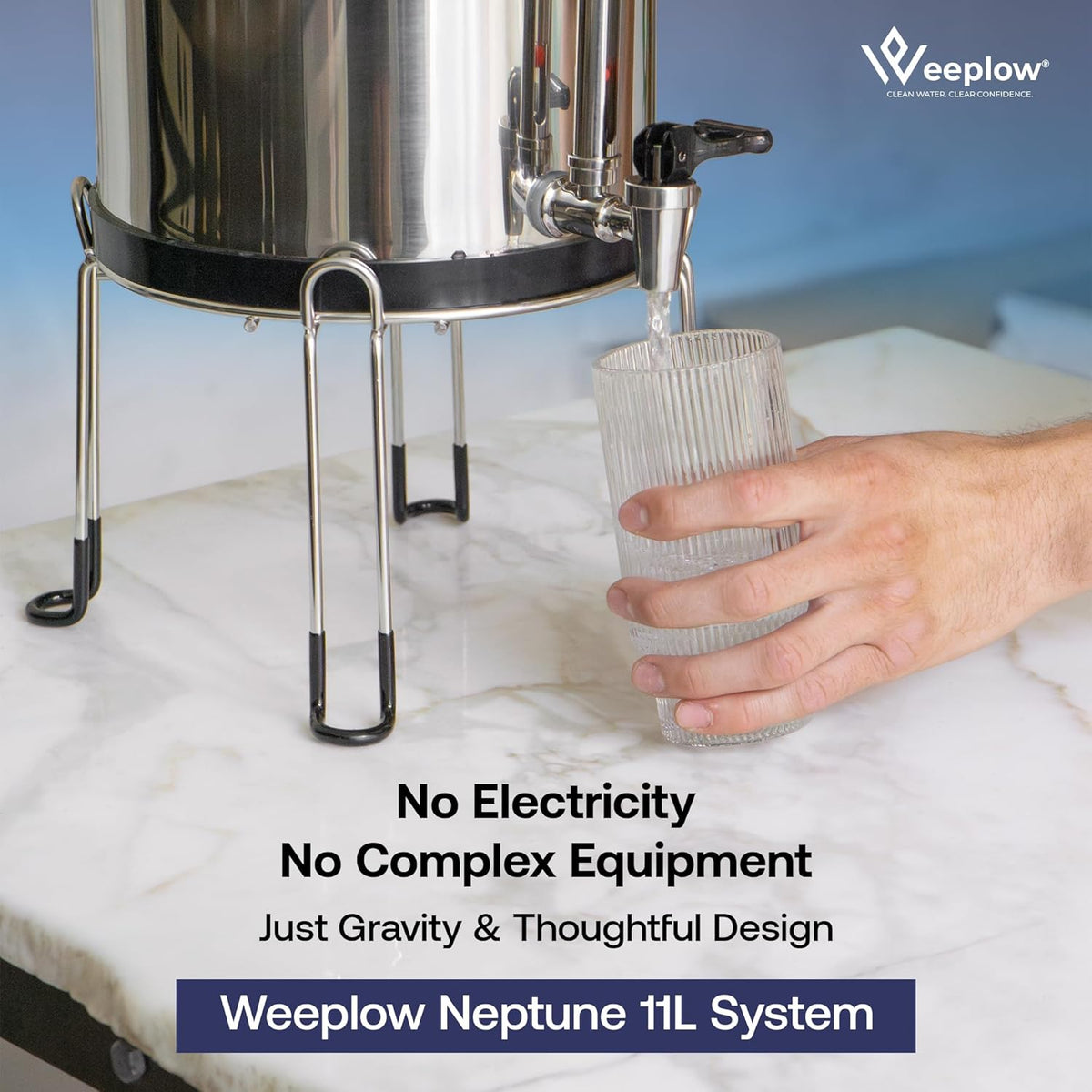Weeplow Neptune - Système de Filtration d'Eau par Gravité 11 Litres AISI 304 avec 2 Eléments de Purification O'Pure 2, Robinet avec Niveau d'Eau et Support Inox Offert - QUORE