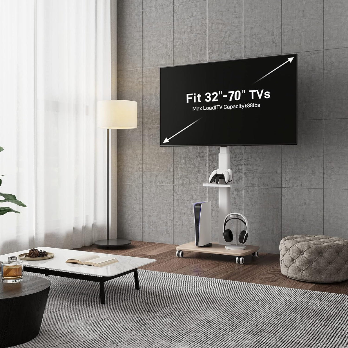 TV Standaard Verrijdbaar Wit – TV Trolley – TV Vloerstandaard – TV Stand Op Wielen – Mobiele TV Standaard – Geschikt Voor 32 Tot 70 Inch – Draaibaar En In Hoogte Verstelbaar