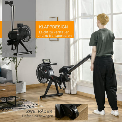 HOMCOM rowing machine, foldable rowing seat, rocking mass 2.5 kg with 16 resistance levels, load capacity up to 130 kg, black steel 225 x 55 x 88 cm - QUORE