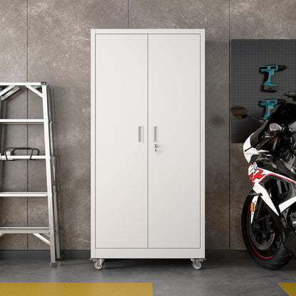 Metalen kast met pegboard en afsluitbare wielen, 5 in hoogte verstelbare planken, plaatstaal poedercoating, stalen kast afsluitbaar voor gereedschap, garage 180 x 80 x 40 cm (wit)