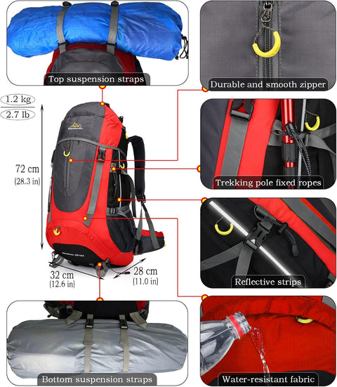 Wandelrugzak - Kampeertas - Trekking rugzak - Camping Essentials Tas - 70L - Lichtgewicht - Waterdichte - Nylon - Rood