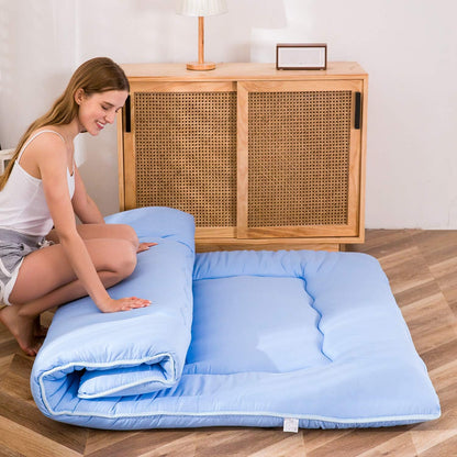 Maxyoyo Futonmatras, gewatteerd Japanse vloermatras, doorgestikte bedtopper, extra dik opvouwbaar slaapkussen, ademend vloerbed, logeerbed, slaapbank (dusty-blue, eenpersoons)