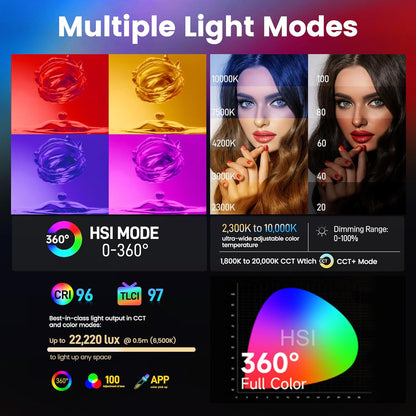 RGBWW LED-Verlichting Kit – Fotolamp – Videolamp – Studiolamp – Streamlamp – 60W CCT 2300K-10.000K – App-Bediening en 12 Lichteffecten