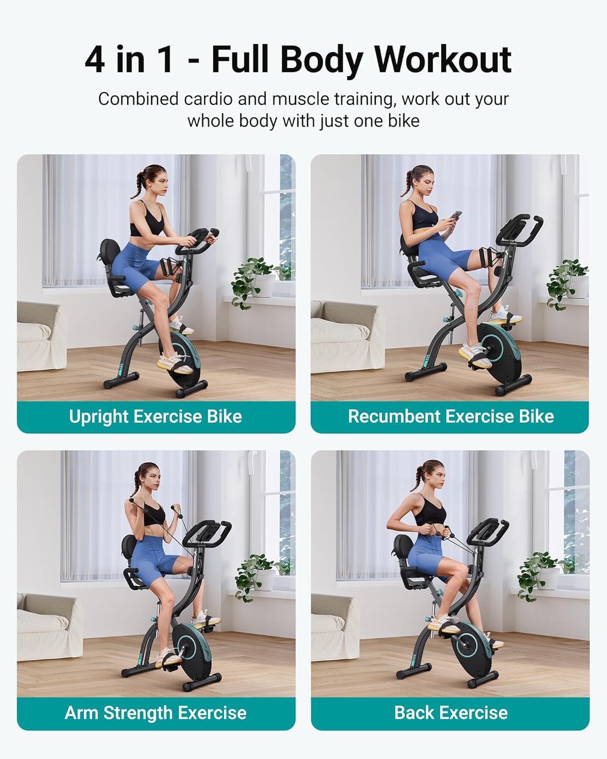 MERACH 4-in-1 hometrainer, fiets, inklapbaar, met lcd-monitor en hartslagmeting, magnetische ergometer, hometrainer met comfortabel zitkussen, fitnessfietsen voor thuis, ruimtebesparend