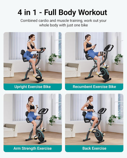 MERACH 4-in-1 hometrainer, fiets, inklapbaar, met lcd-monitor en hartslagmeting, magnetische ergometer, hometrainer met comfortabel zitkussen, fitnessfietsen voor thuis, ruimtebesparend