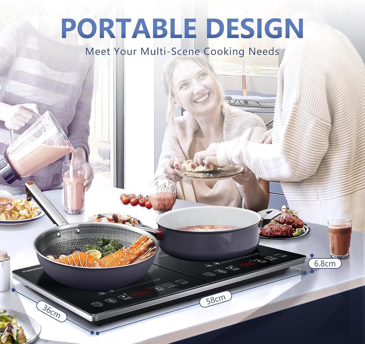 AMZCHEF inductiekookplaat 2 platen, inductiekookplaat dubbel met onafhankelijke bediening, 20 temperatuurniveaus, verschillende vermogensniveaus, 3500W, timer van 3 uur, veiligheidsslot