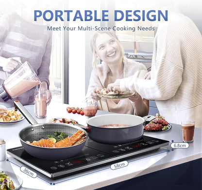 AMZCHEF inductiekookplaat 2 platen, inductiekookplaat dubbel met onafhankelijke bediening, 20 temperatuurniveaus, verschillende vermogensniveaus, 3500W, timer van 3 uur, veiligheidsslot