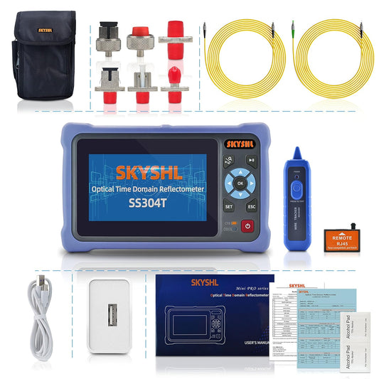 1310nm/26dB 1550nm/24dB Glasvezel OTDR Tester (Ingebouwde OPM+OLS+VFL+RJ45-kabeltracker+Evenementenkaart) SM Fiber 4,3inch Touchscreen OTDR meting (SC+FC+ST+LC UPC&APC-adapter)-SS304T-2A1