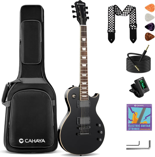 CAHAYA LP Elektrische gitaarset: 39 inch (39 inch) grote gitaar voor beginners met massief okoume-lichaam, 2 pickups, hals van esdoorn, tas, schouderriem, kabel voor volwassenen en jongeren - zwart