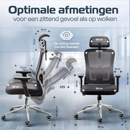 Bureaustoel – Kantoorstoel – Gamestoel – Computerstoel – Office Chair – Ergonomisch Ontwerp – Ademend Mesh Materiaal – Verstelbare Armleuningen – Max. 150 kg
