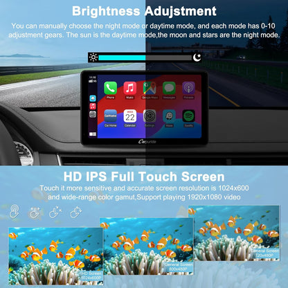 Carpuride C3 Draadloze Carplay & Android autoradio, draagbaar, 7 inch HD touchscreen, stereo ontvanger met AirPlay Link spiegels, bluetooth, navigatie, Siri, FM/AUX.