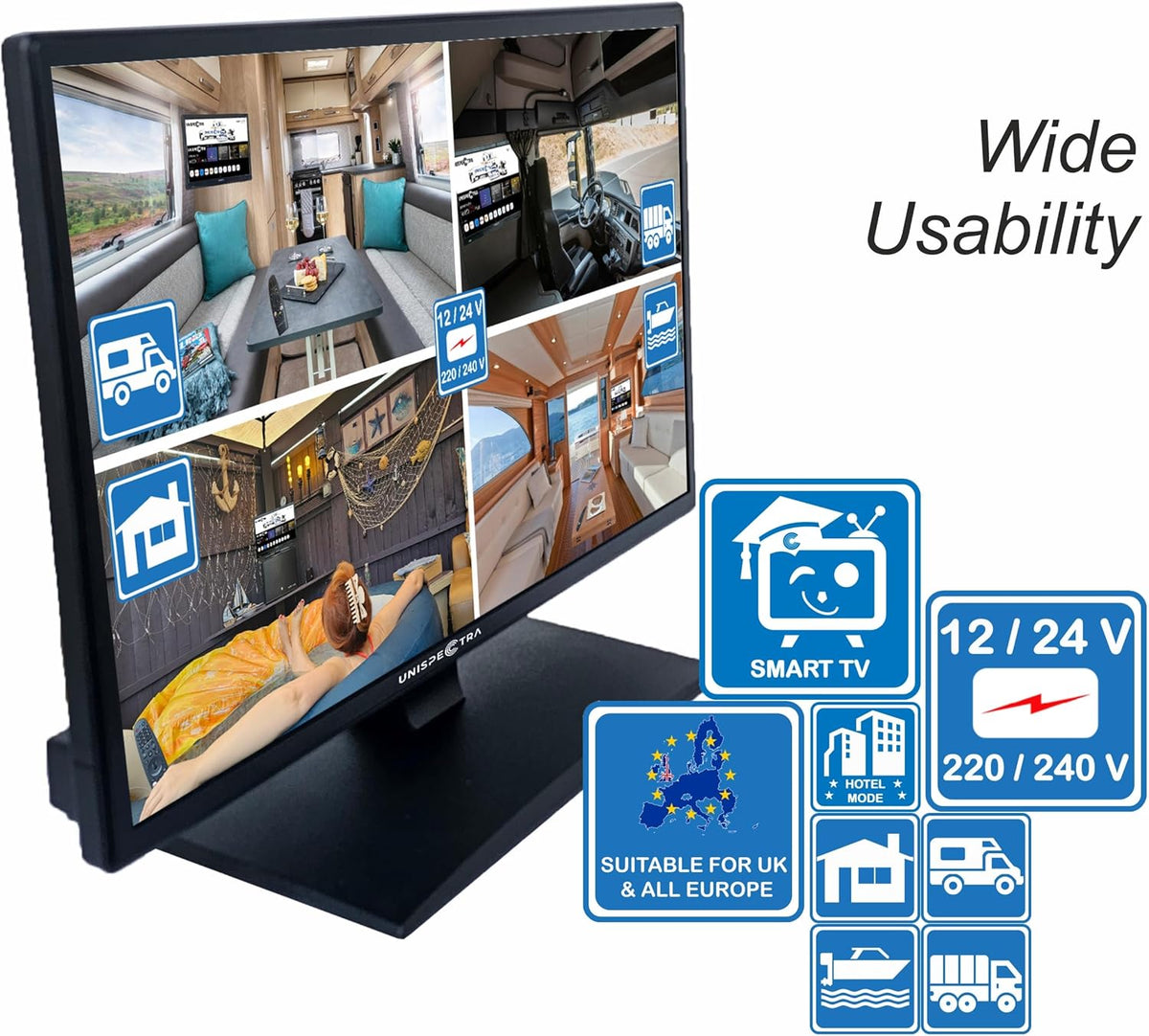 Unispectra® 22“ Smart TV (webOS) FHD 230V 24V Triple Tuner: Sat, Antenne, Kabel TV, 3xHDMI, 2xUSB, Magic Remote. 12V TV voor campers, caravans, vrachtwagens, bestelwagens, boten, thuis