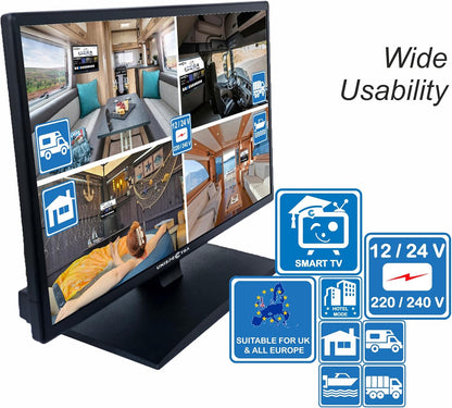 Unispectra® 22“ Smart TV (webOS) FHD 230V 24V Triple Tuner: Sat, Antenne, Kabel TV, 3xHDMI, 2xUSB, Magic Remote. 12V TV voor campers, caravans, vrachtwagens, bestelwagens, boten, thuis