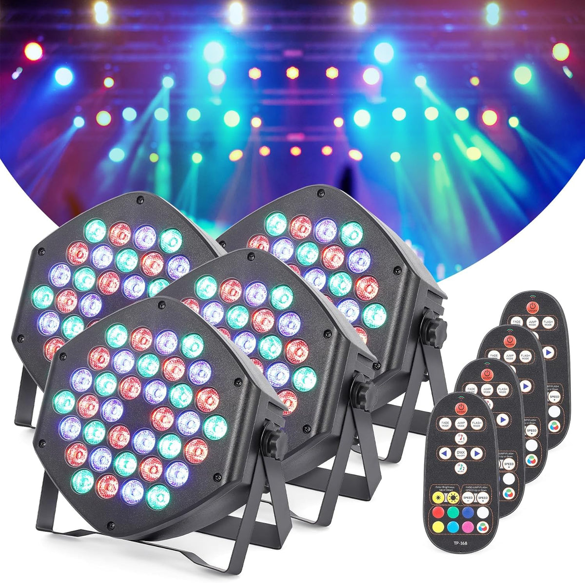 Litake 4 stuks led-spots met batterij, oplaadbaar, RGB 36 leds, partylicht, 7 verlichtingsmodi, podiumverlichting, flexibele afstandsbediening, DMX-besturing voor DJ, disco, party, bar, Halloween,