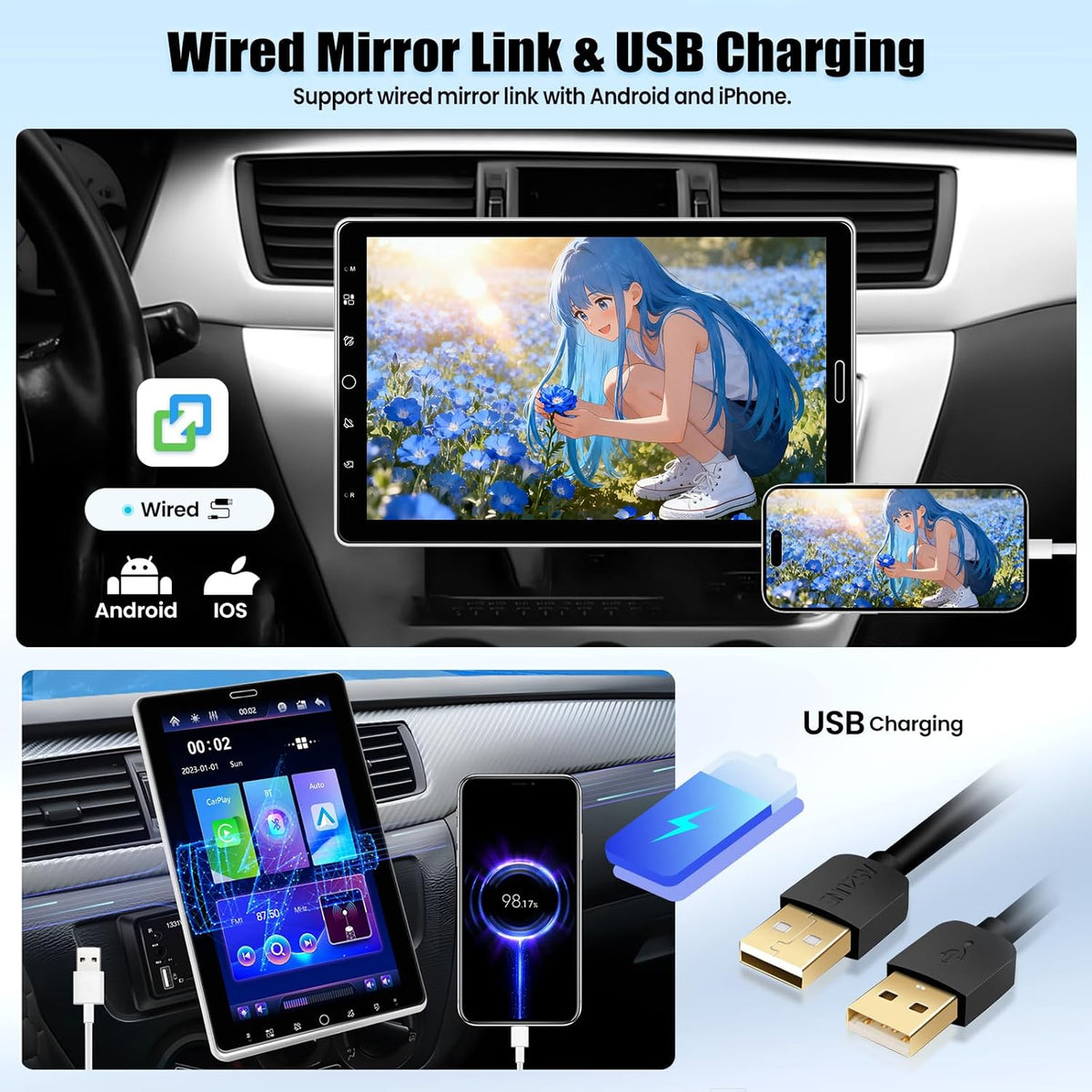 1 DIN autoradio met draadloos CarPlay Android Auto autoradio met draaibaar 10,1-inch touchscreen Bluetooth FM/AM/RDS radio Mirror Link USB/TF-kaart/Aux-ingang SWC EQ ondersteuning DVR+