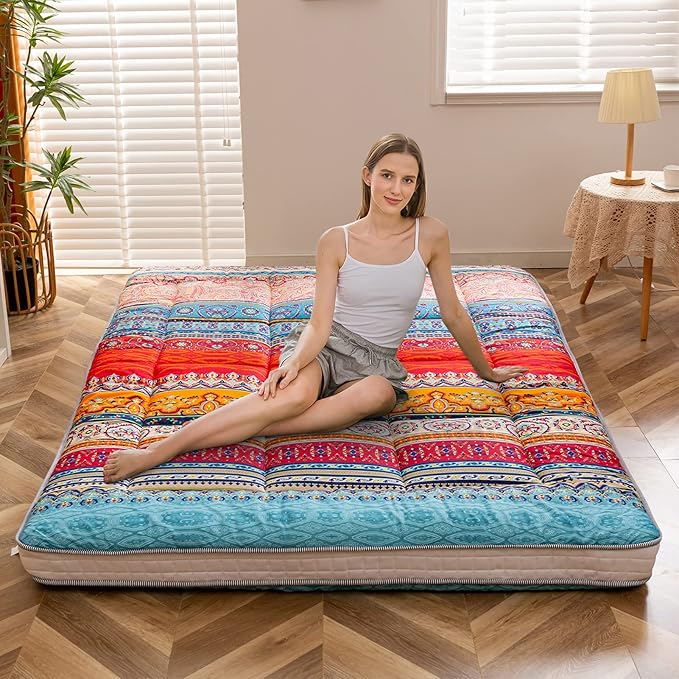 MAXYOYO Japanse futonmatras voor op de vloer, dikke tatami-mat, slaappad, opvouwbaar, oprolbaar matras, slaapzaal, matraskussen, vloer lounger kussen bed (blauwe bloem, dubbel)