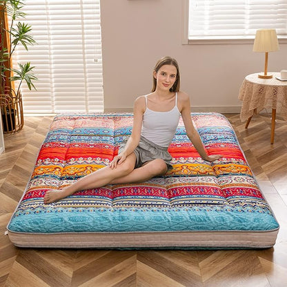 MAXYOYO Japanse futonmatras voor op de vloer, dikke tatami-mat, slaappad, opvouwbaar, oprolbaar matras, slaapzaal, matraskussen, vloer lounger kussen bed (blauwe bloem, dubbel)